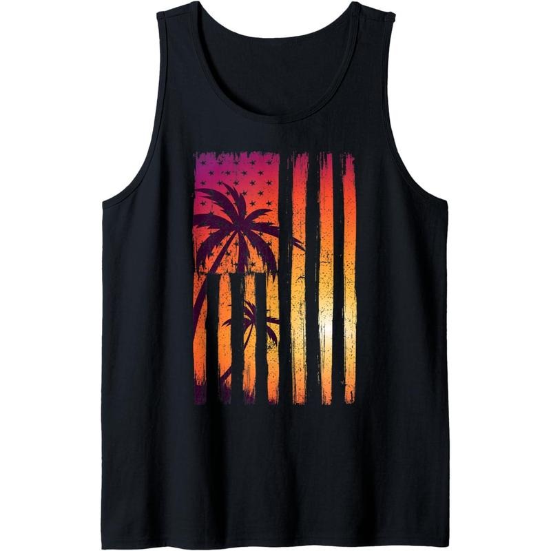 Summer Sunset Palm Trees American Flag Cool Spring Beach Tank Top made in USA