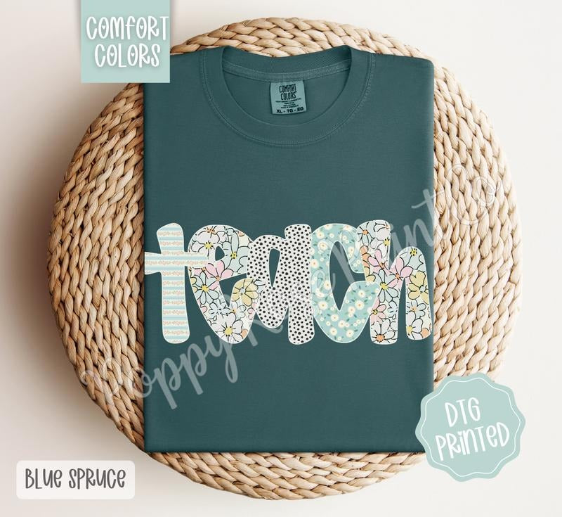 Teach Comfort Colors Shirt, Cute Teacher Tshirt, Trendy Floral Polka Dot Tee, Gift for Her
