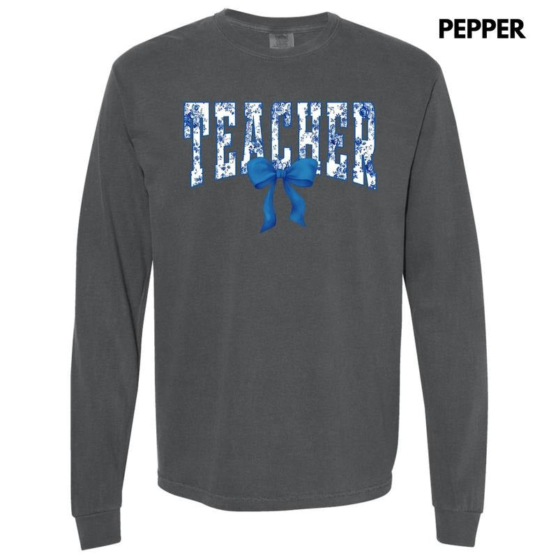 Teacher Blue Florals Long Sleeve Comfort Colors T-Shirt 'NLB'