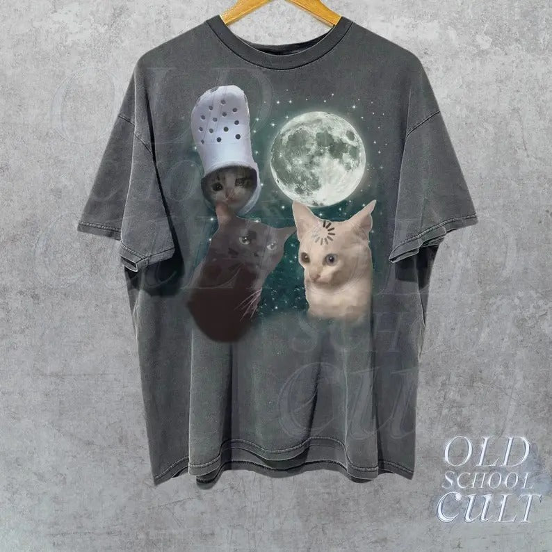 Three Cats Vintage Graphic T-shirts, Retro Cat Moon Tshirt, Cat Lovers, Funny Cat Tee, Oversized Washed Tee, Meme T Shirt, Ugly Shirts
