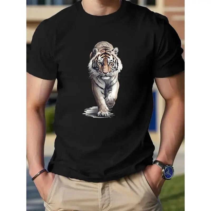 Tiger Cotton Print Men's T-Shirt - Breathable And Comfortable For Summer - Regular Fit, Slight Stretch Made in USA