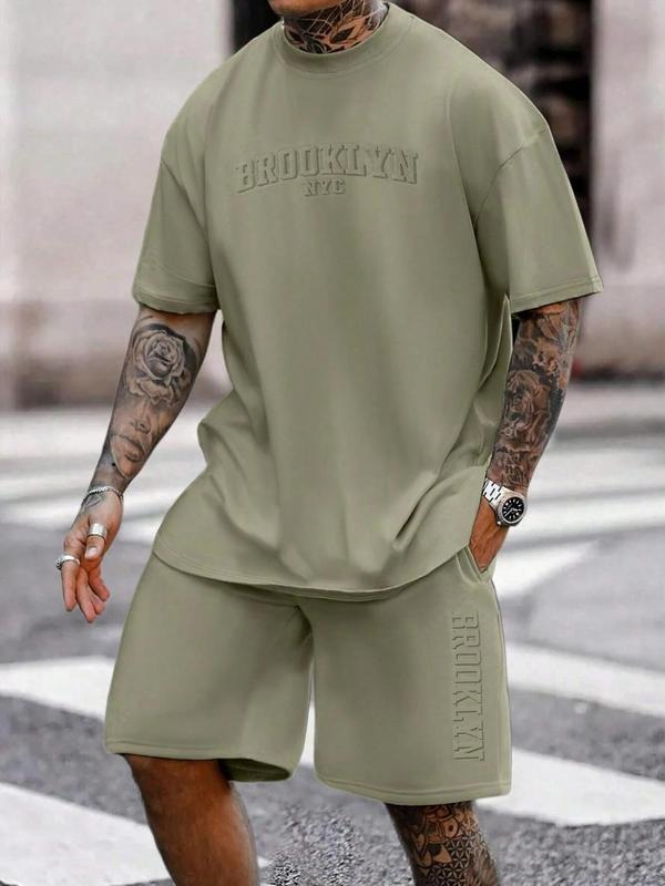 Two-Piece Set Men's Letter Print Tee & Shorts Set, Regular Fit Short Sleeve T-shirt & Track Shorts, Casual Summer Clothes Set for Outdoor