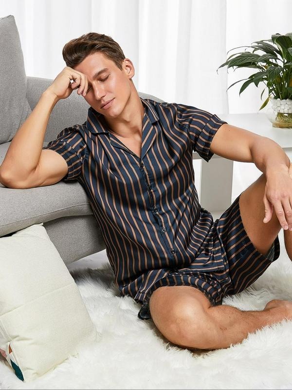 Two-Piece Set Men's Striped Print Short Sleeve Shirt & Shorts, Regular Fit Casual Comfy Button Down Top & Shorts for Beach Vacation, Men's Summer Clothes