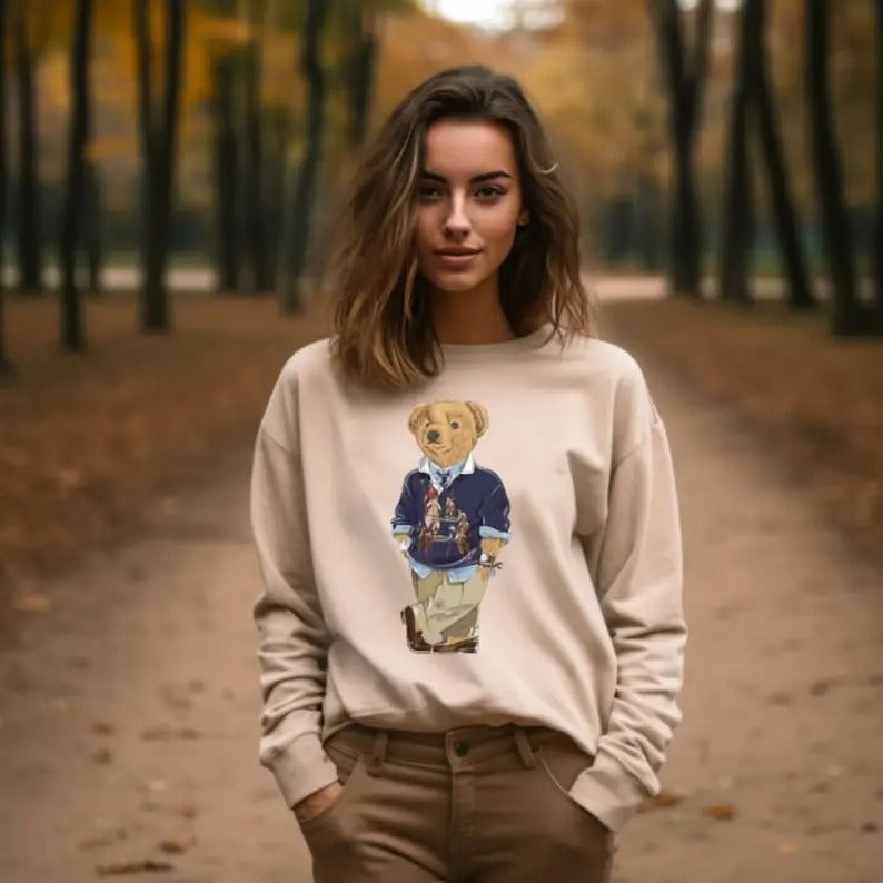 Unisex Casual Polo Bear Crewneck Tan Sweatshirt, Stylish Bear, Animal Sweater, Bear Lover Shirt Winter Sweatshirt Teddy Bear, Fancy Bear