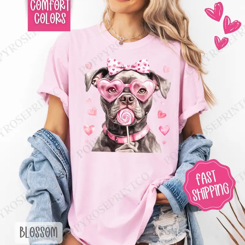 Valentine Pitbull Shirt Comfort Colors, Valentine's Day Women's Tee, Cute Women's Tshirt