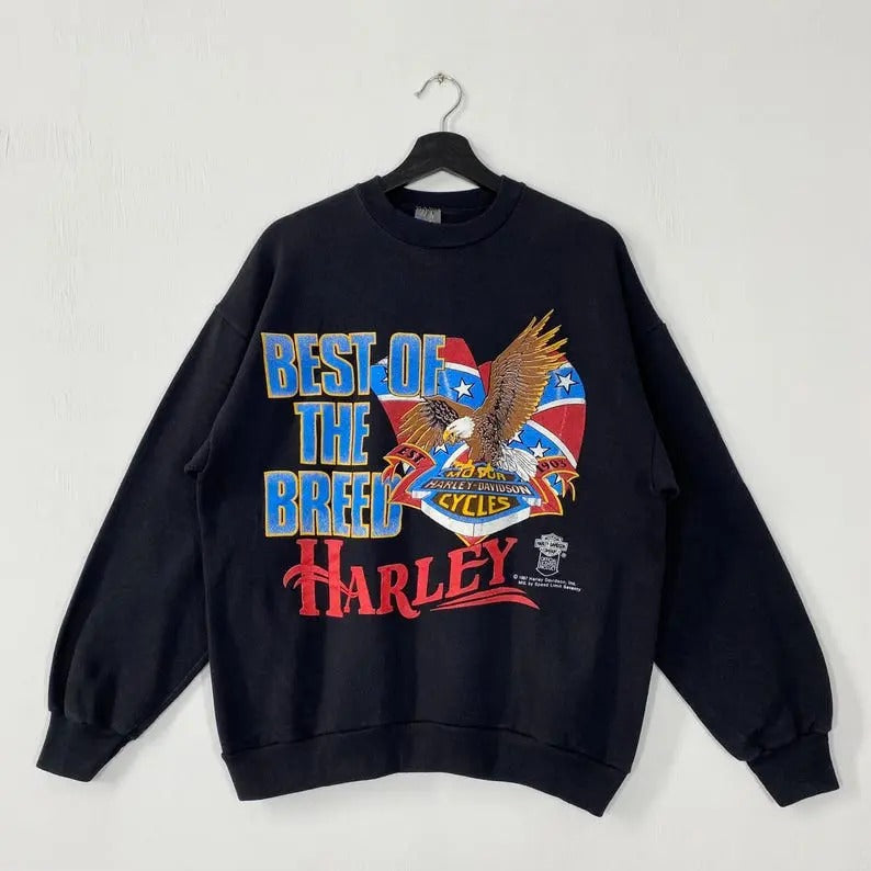 Vintage 80s Harley Davidson Sweatshirt Harley Davidson Crewneck Harley Davidson Sweater Pullover Harley Davidson Print Logo Unisex Collar Menswear Black Athletic