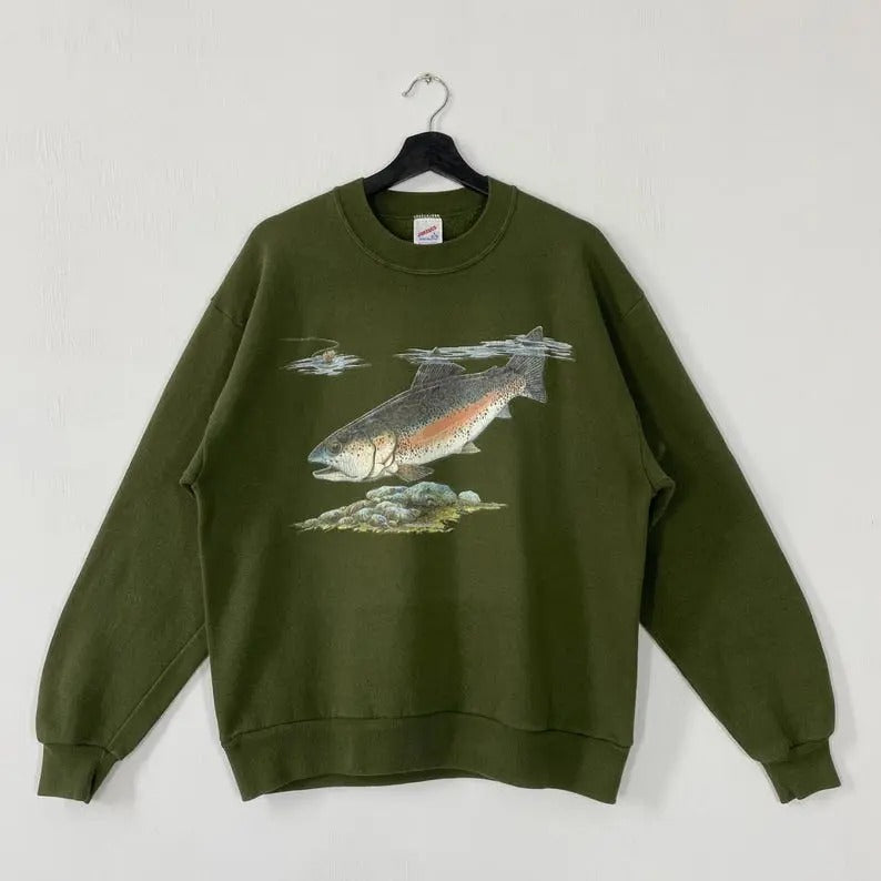 Vintage 90s Fishing Outfitters Trout Sweatshirt Largemouth Bass Crewneck Trout Sweater Pullover Rainbow Trout Fish Print Logo Cotton Menswear