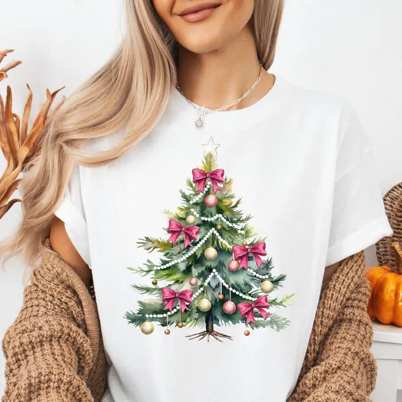 Watercolor Coquette Christmas Tree T-shirt, Coquette Bow Christmas Shirt, Cute Christmas Shirt, Christmas Bow Tree Shirt ,Coquette Bow Shirt