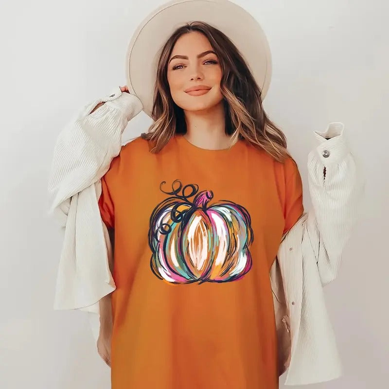 Watercolor Pumpkins Shirt, Halloween Shirt,Cute Fall Shirt, Gift For Halloween Cotton Menswear Top Womenswear Polyester Light