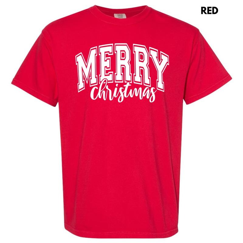 White Cursive Varsity Merry Christmas Comfort Colors T-Shirt 'NLB'