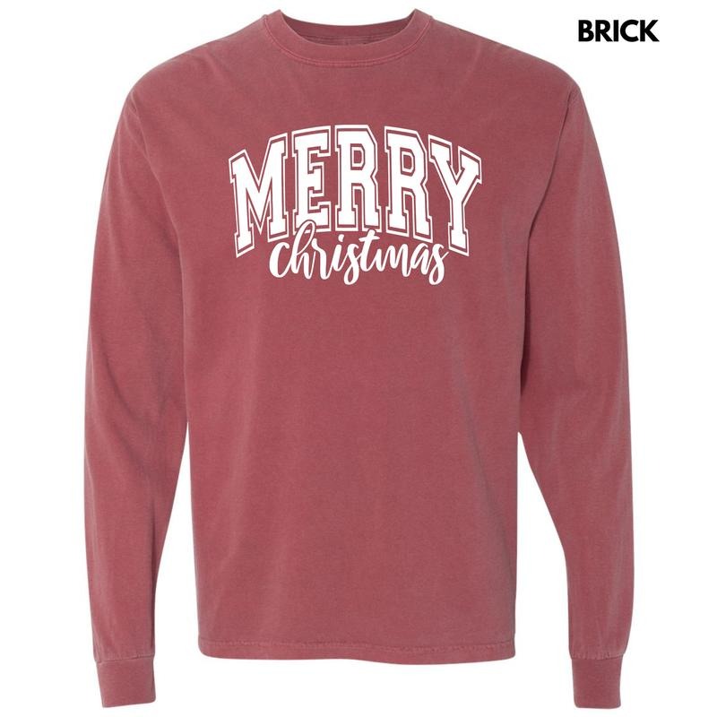 White Cursive Varsity Merry Christmas Long Sleeve Comfort Colors T-Shirt 'NLB'