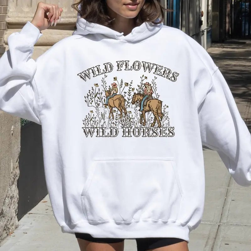 WiId FIowers WiId H0rses Hoodie, Country Girl Hoodie, Concert Top, Country Music Hoodie, Unisex Long Sleeve Pullover Hoodie Shirt