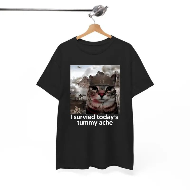 I Survived Todays Tummy Ache Meme T-Shirt, For Men/Women - Unisex Style, 100% Cotton, Menswear Tops Streetwear Tshirt graphic tees