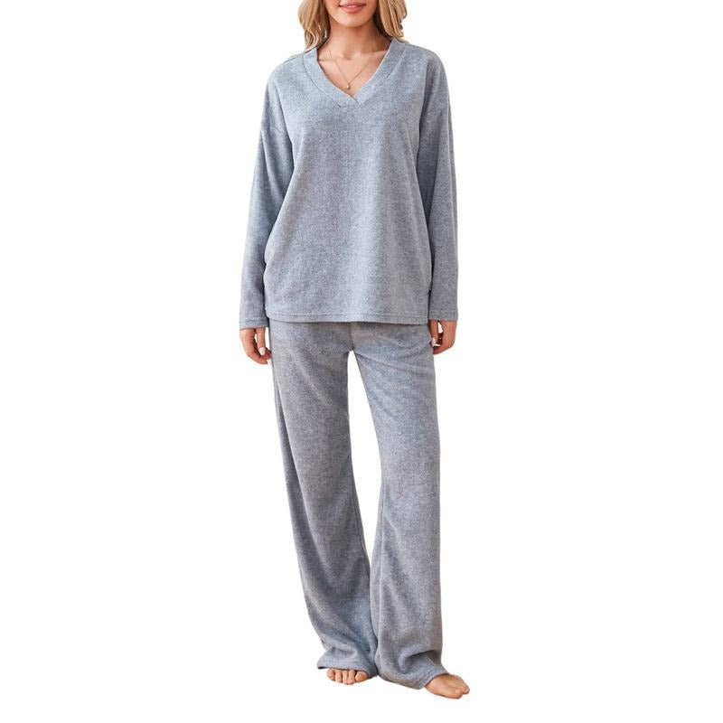 Women 2pcs Pajamas Set Solid Color V-neck Loose Long Sleeve Pullover Shirt and Casual Elastic Pants Sleepwear