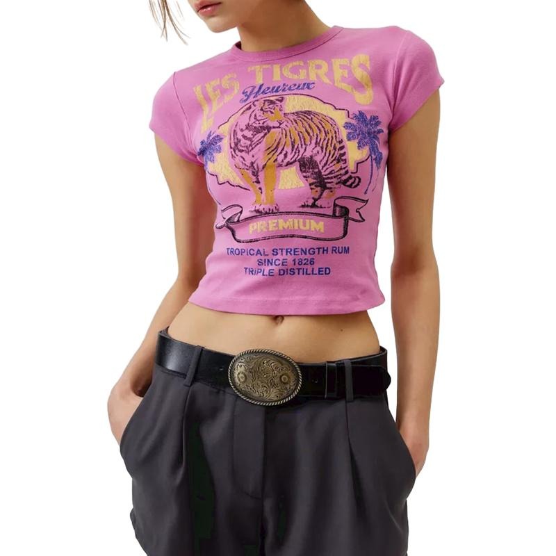 Women Basic Colorful T-Shirts Summer Tiger Print Short Sleeve Crew Neck Crop Tops Casual Cap Sleeve Pullovers Streetwear Aesthetic Grunge Clothes