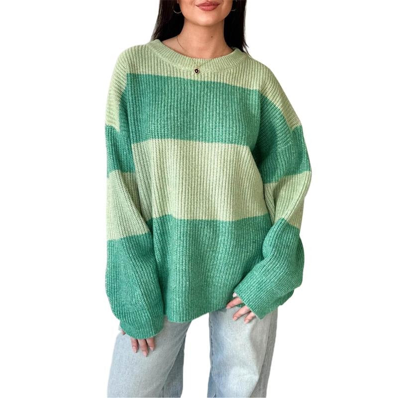 Women Cute Loose Sweaters Casual Trendy Contrast Color Crew Neck Warm Long Sleeve Pullover Knitwear for Fall Streetwear
