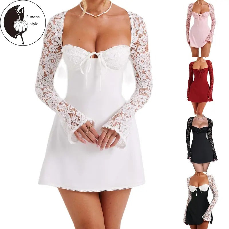 Women Long Sleeve Mini Dress Casual Lace Patchwork Tie up Backless A-Line Party Dress for Cocktail Streetwear