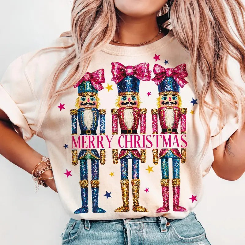 Women Merry Christmas Nutcracker Friends Shirt Cotton Crewneck