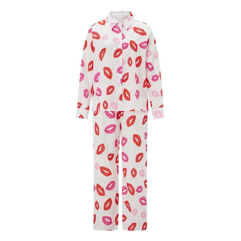 Women Pajama Set, Elegant Lips Print Long Sleeve Shirt with Pants Sleepwear Loungewear