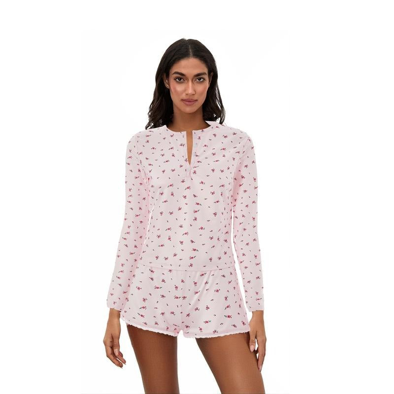 Women Pajamas Sets Floral Pattern ButtonFit Long Sleeve V-Neck Tops with Mini Shorts Lounge Wear 2 Pcs Set
