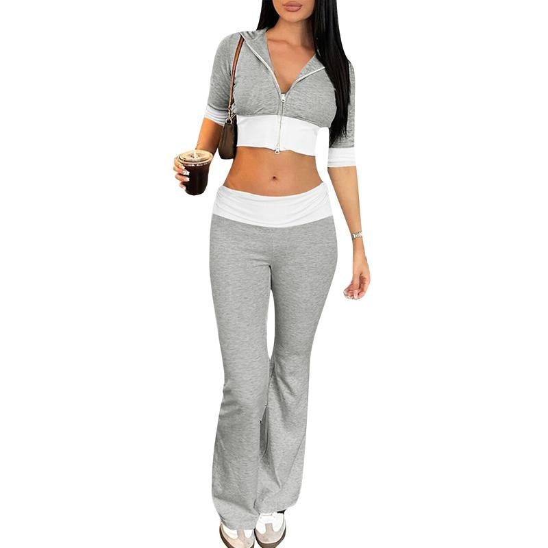 Women Summer Pants Outfits Patchwork Elbow Sleeve Zipper-Up Crop Hoodies Elastic Waist Flare Pants 2 Pieces Clothes Set Womenswear Check