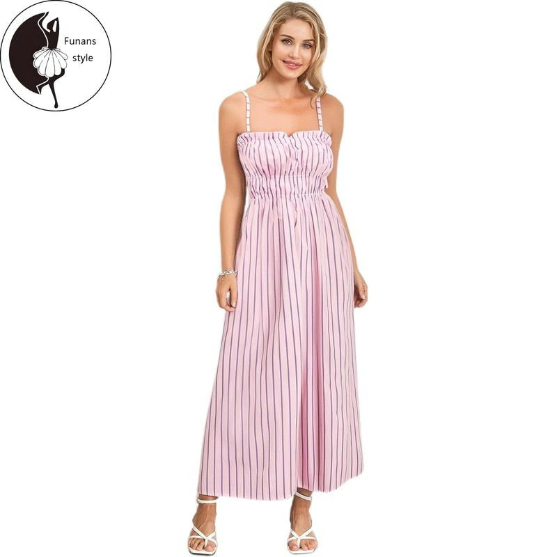 Women Summer Spaghetti Strap Dress Casual Striped Print Ruched A-Line Party Dress for Vacation Cocktail Streetwear