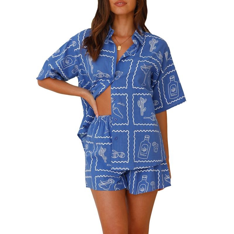 Women's 2 Piece Lounge Set Short Sleeve Lapel Button Up Tops Pattern Print Shorts Sleepwear Sets Loungewear Pajama