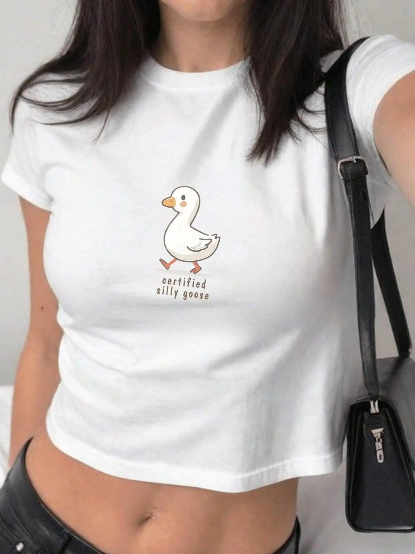 Women's Cartoon Duck & Letter Print Round Neck Crop Tee, Fashion Casual Crew Neck T-shirt for Daily Holiday Vacation Outdoor Wear, Ladies Clothes for Summer