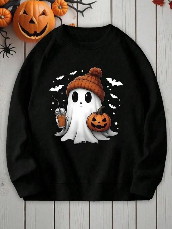 Women's Cartoon Halloween Ghost & Pumpkin Print Round Neck Sweatshirt, Cute Casual Long Sleeve Pullover for Daily Wear, Ladies Clothes for All Seasons