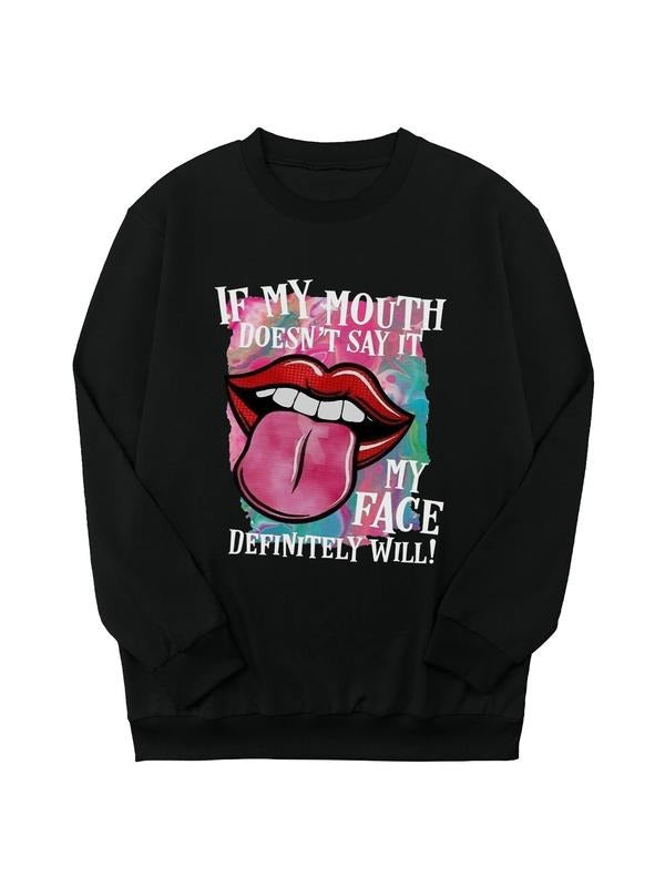 Women's Cartoon Mouth & Letter Print Drop Shoulder Sweatshirt, Casual Long Sleeve Round Neck Pullover for Daily Wear, Women's Clothing for All Seasons