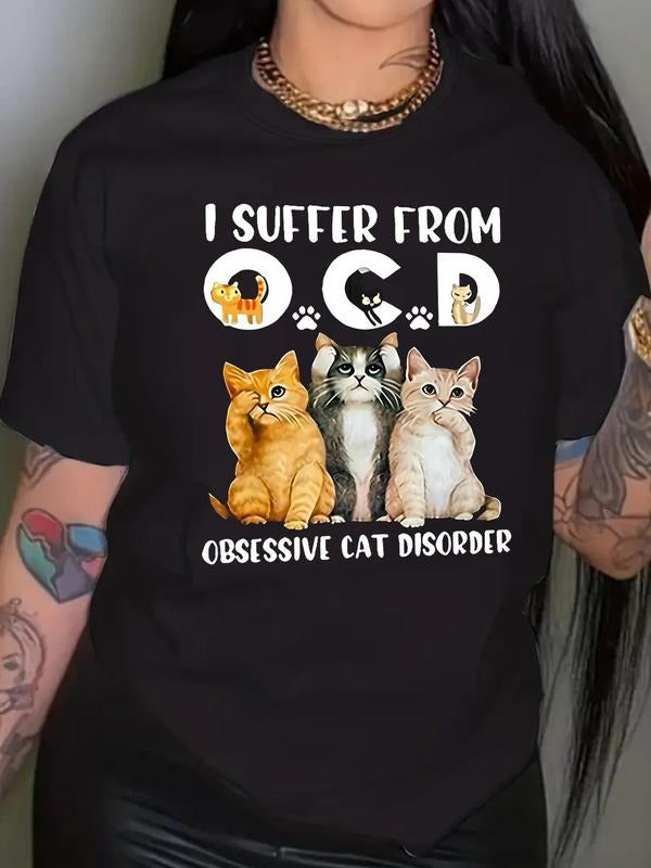 Women's Cat Print Round Neck Short Sleeve Tee, Fashion Casual Letter Print Crew Neck T-shirt for Daily Holiday Vacation Outdoor Wear, Ladies Clothes for All Seasons