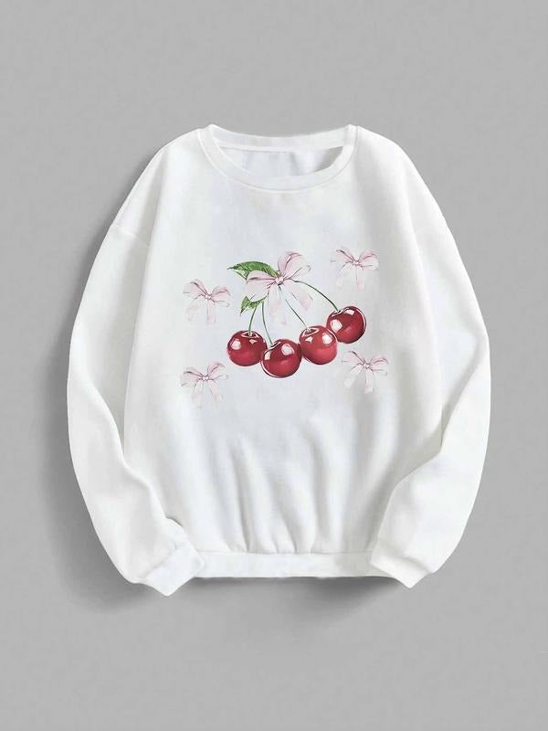 Women's Cherry & Bowknot Print Drop Shoulder Sweatshirt, Casual Long Sleeve Round Neck Pullover for Daily Wear, Ladies Clothes for Fall & Winter