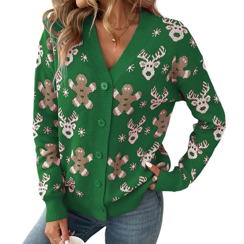 Women's Christmas Sweater Cardigan Long Sleeve V Neck Button Up Elk Gingerbread Man Print Knitwear