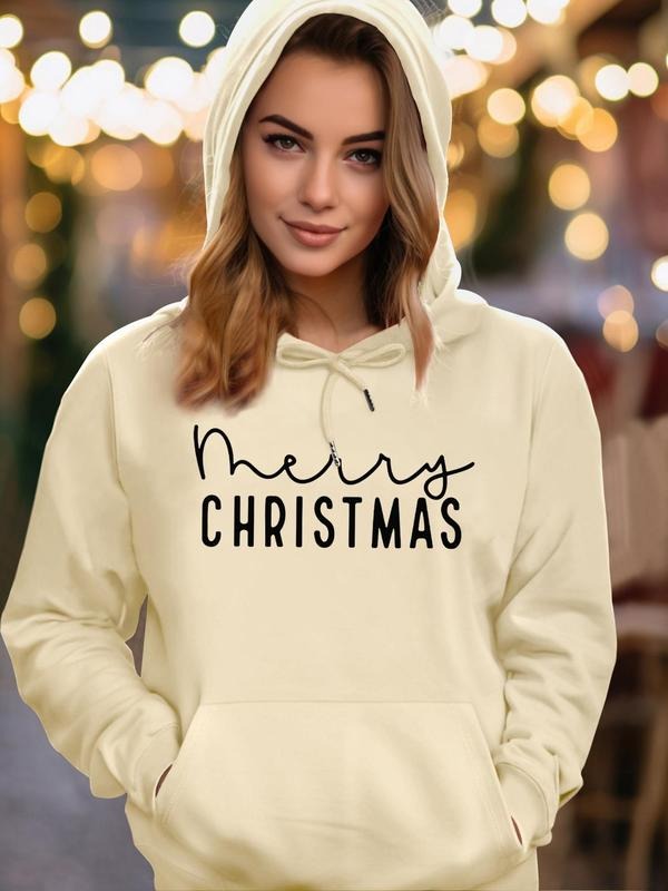 Women's Christmas Themed Letter Print Drawstring Pocket Hoodie, Casual Long Sleeve Hooded Sweatshirt for Fall & Winter, Women's Clothes for Daily Wear