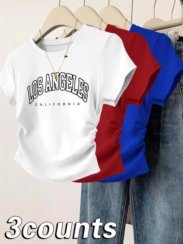 Women's Colorful Letter Print Round Neck Tee, Casual Short Sleeve T-shirt for Daily Wear, Ladies Clothes for All Seasons, Top