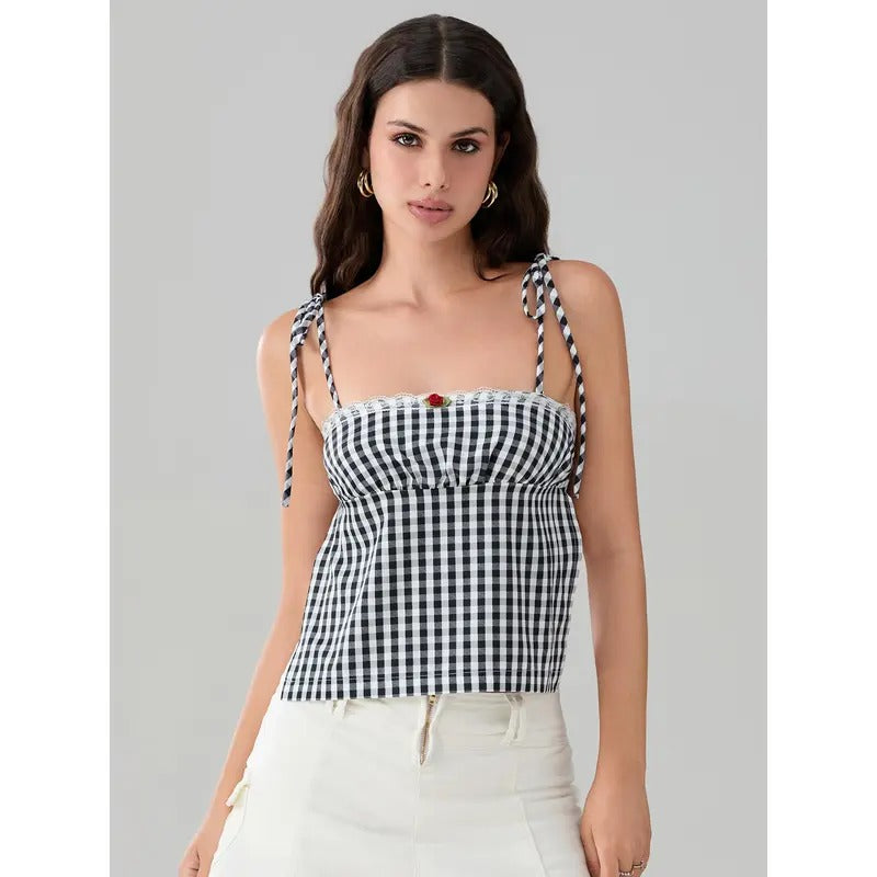 Women's Crop Camisole Slim Plaid Lace Trim Square Neck Open Back Shirred Tie-Up Spaghetti Strap Tops for Summer Cotton Lady Polyester Womenswear