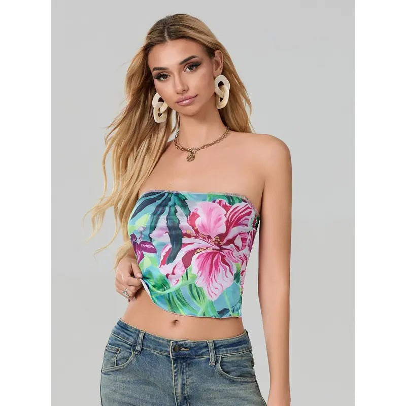 Women's Crop Tube Tops Slim Flower Print Off Shoulder Backless Sleeveless Shirt for Summer Lady Polyester