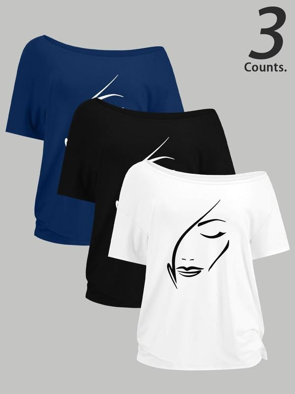 Women's Face Print Tee, Casual Shoulder Pad Short Sleeve T-shirt for Daily Wear, Ladies Clothes for All Seasons