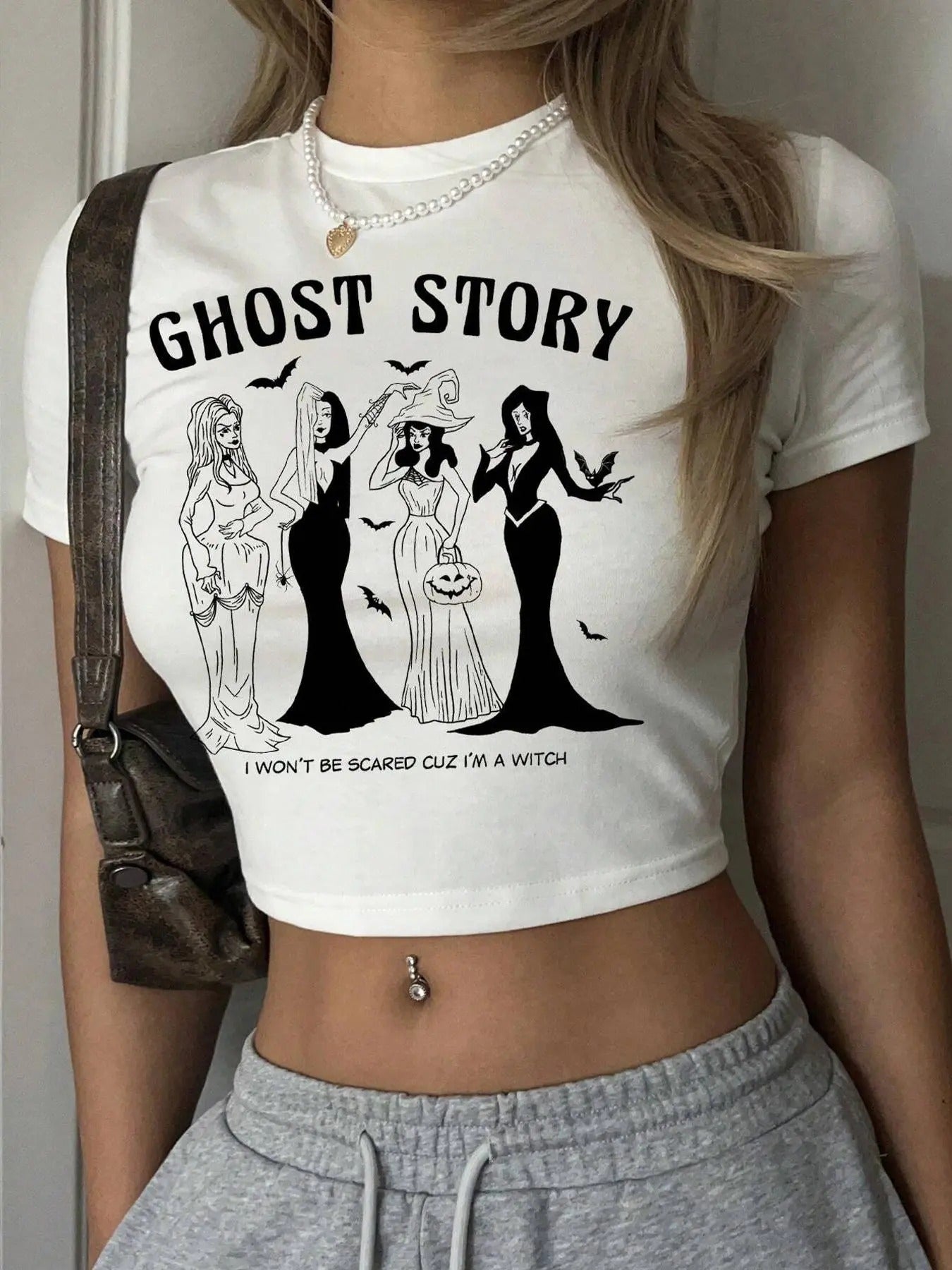 Women's Figure & Letter Print Round Neck Crop Tee, Casual Short Sleeve Crew Neck T-shirt for Summer, Fashion Women's Top for Daily Wear