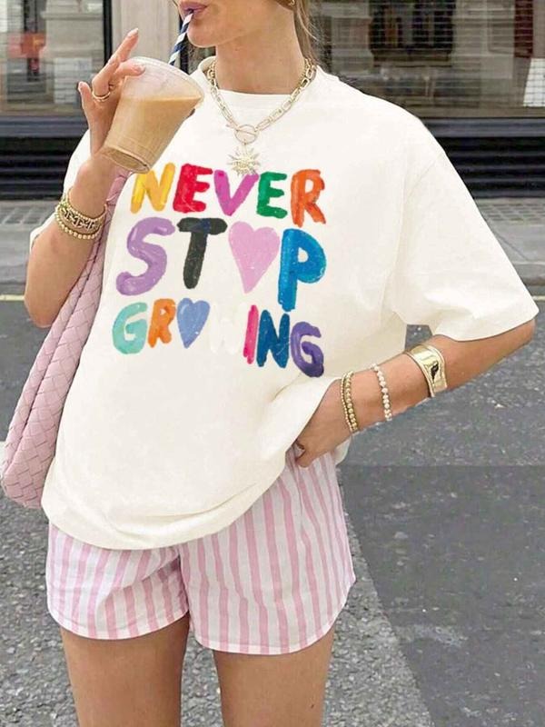 Women's Figure & Letter Print Round Neck Graphic Tee, Vintage Trendy Casual Short Sleeve T-shirt for Daily Wear, Ladies Summer Outfit, Top