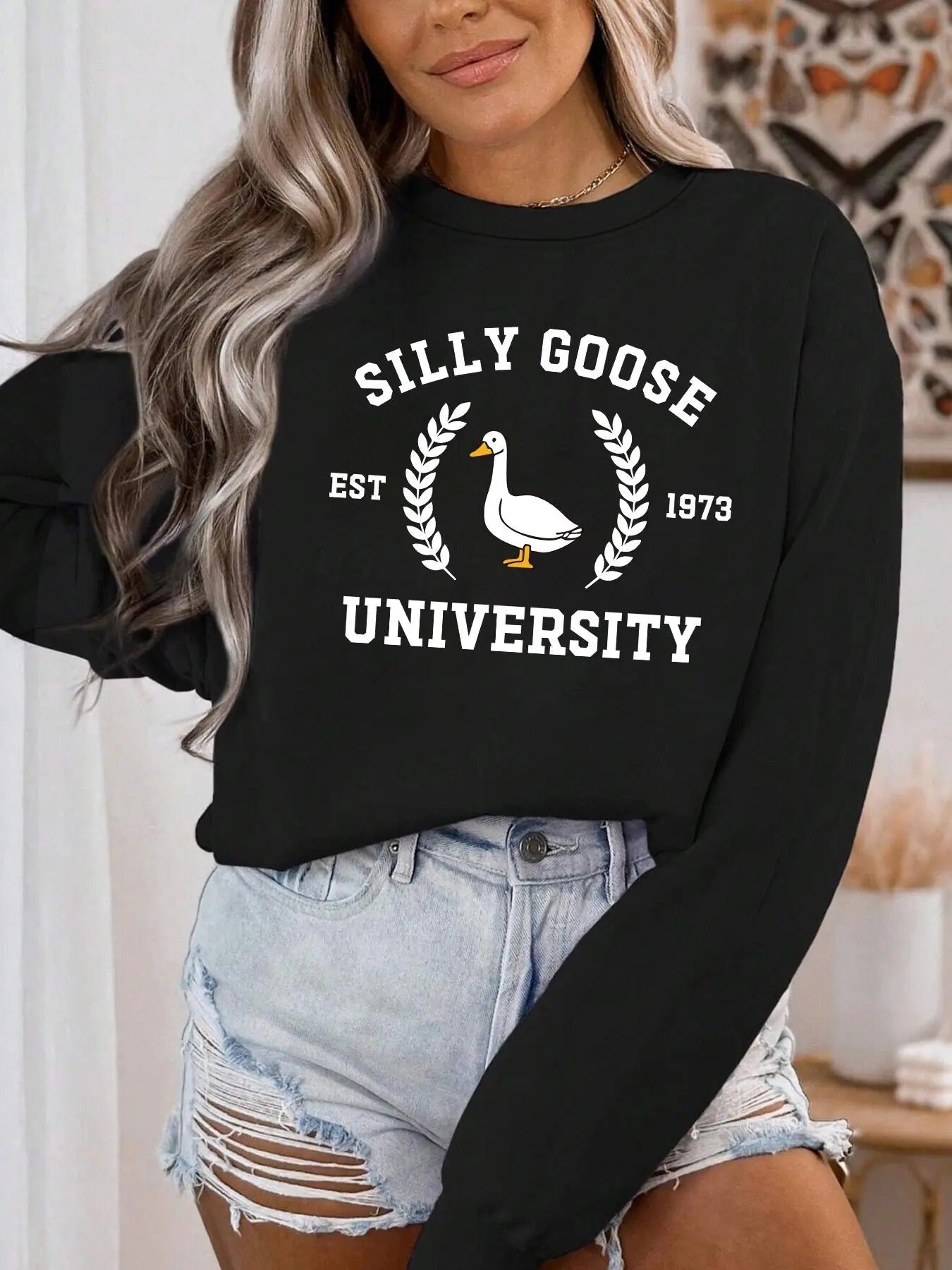 Women's Goose & Letter Print Round Neck Sweatshirt, Casual Long Sleeve Pullover for Fall & Winter, Women's Clothes for Daily Wear