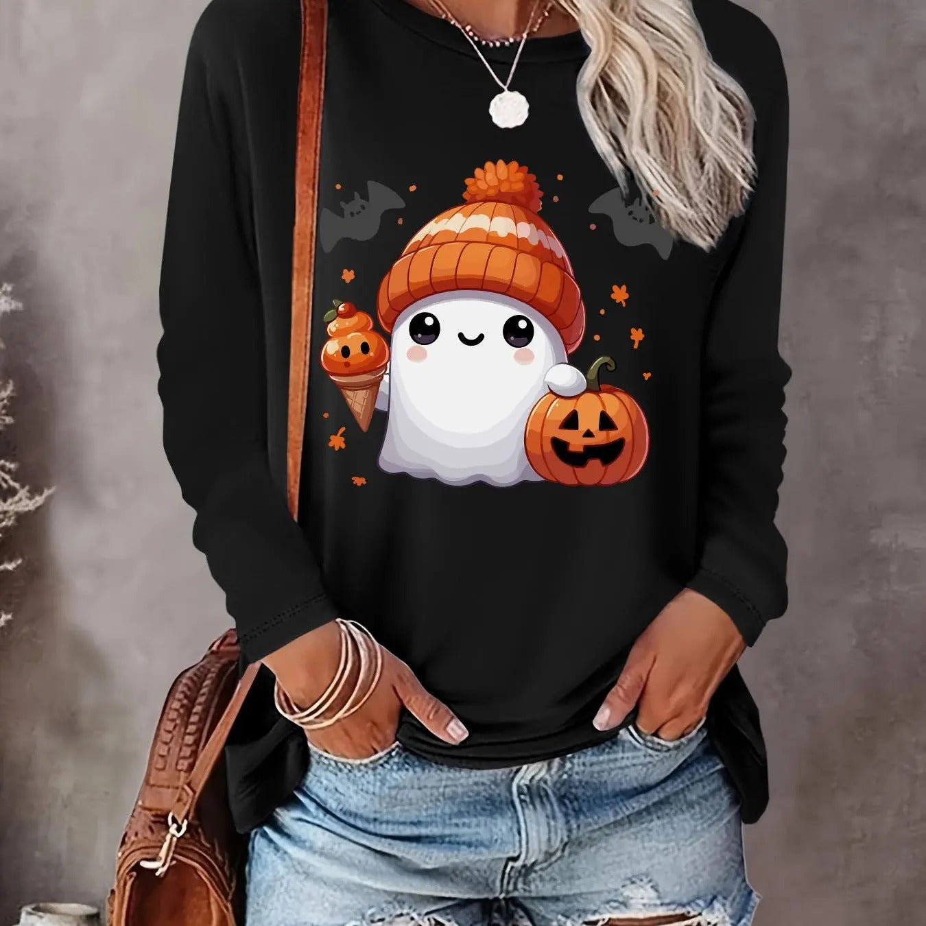 Women's Halloween Cartoon Ghost Print Drop Shoulder Tee, Casual Long Sleeve Round Neck T-shirt for Daily Wear, Ladies Fall & Winter Clothes