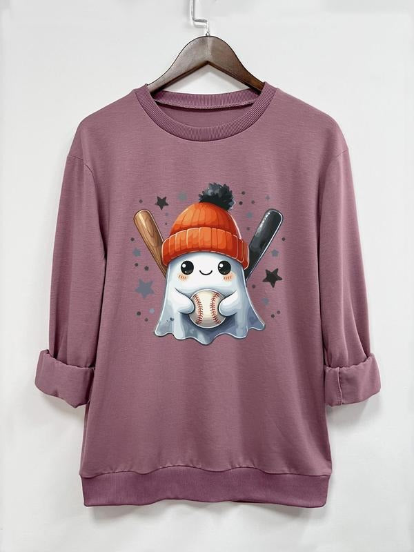 Women's Halloween Ghost Print Round Neck Sweatshirt, Casual Long Sleeve Crew Neck Pullover for Fall & Winter, Women's Clothes for Daily Wear