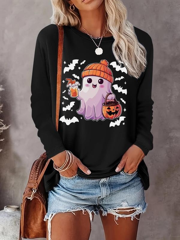 Women's Halloween Themed Cartoon Ghost Print Round Neck Tee, Cute Casual Long Sleeve T-Shirt for Daily Wear, Ladies Fall & Winter Clothes