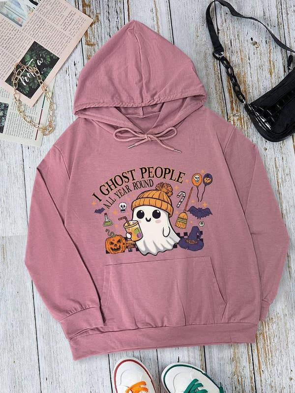 Women's Halloween Themed Ghost & Letter Print Drop Shoulder Hoodie, Fashion Casual Drawstring Pocket Hooded Sweatshirt for Daily Holiday Outdoor Wear, Women Clothing for Fall & Winter