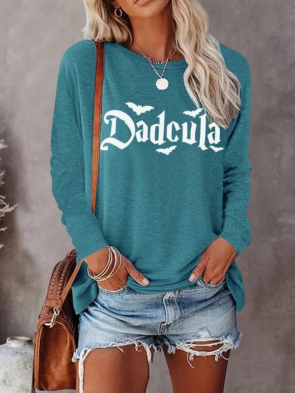 Women's Letter & Bat Print Round Neck T-shirt, Casual Halloween Long Sleeve Crew Neck Tee for Daily Wear, Women's Clothing for All Seasons