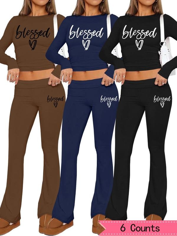 Women's Letter Print Crop Top & Flare Leg Pants Set, Casual Long Sleeve Top & Bell Bottom Trousers for Spring & Fall, Women's Clothes for Daily Wear