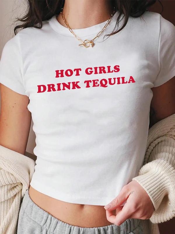 Women's Letter Print Round Neck Crop Tee, Casual Crew Neck Short Sleeve T-Shirt for Daily Wear, Ladies Clothes for All Seasons