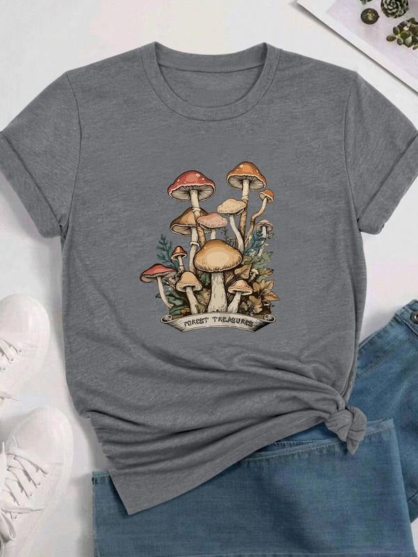 Women's Mushroom Print Round Neck Tee, Casual Short Sleeve Crew Neck T-shirt for Daily Wear, Ladies Clothes for All Seasons, Top