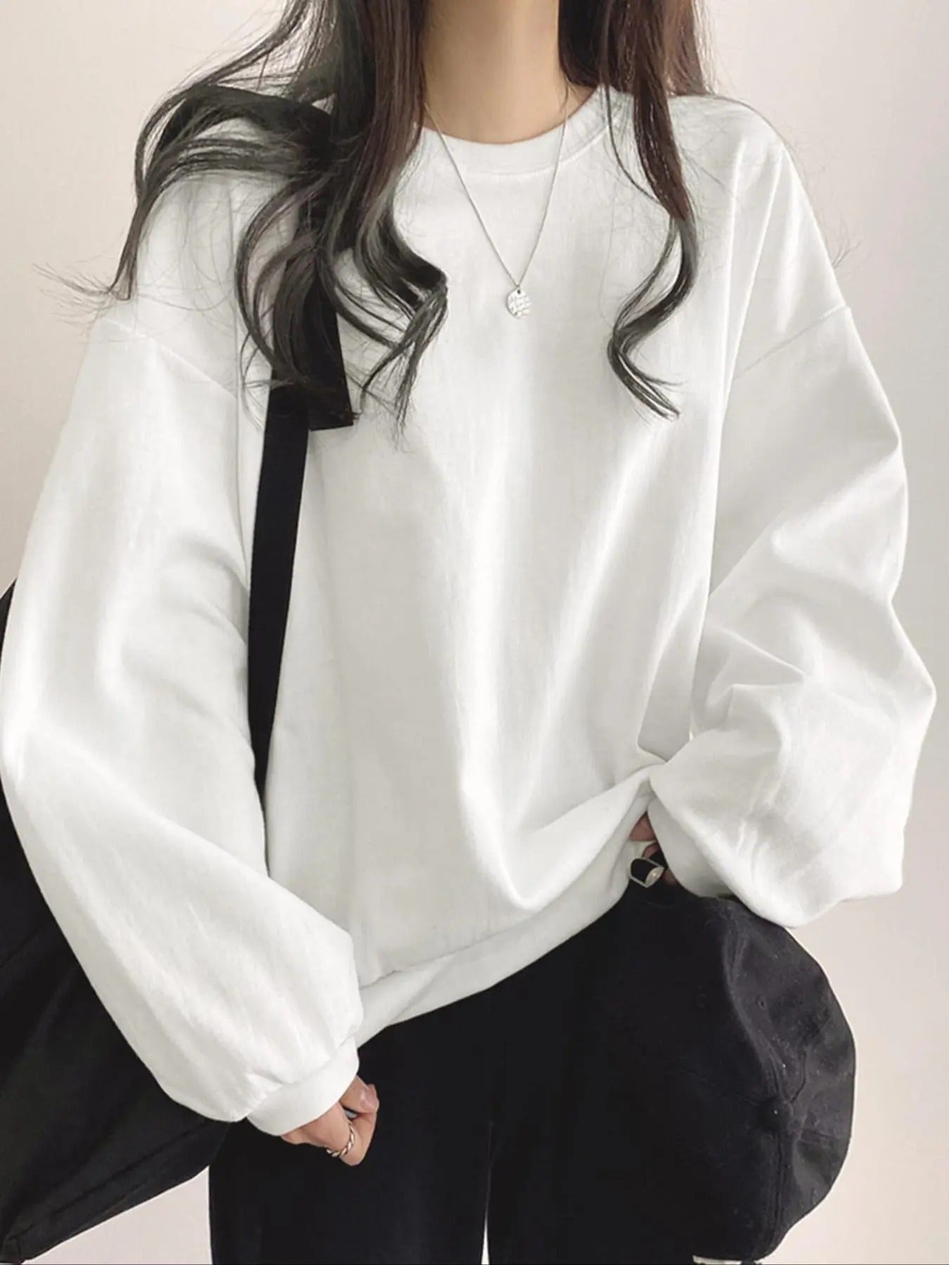 Women's Plain Drop Shoulder Long Sleeve Sweatshirt, Casual Round Neck Pullover for Fall & Winter, Women's Clothes for Daily Wear